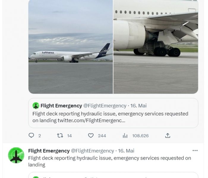 Aktuelle Situation: Lufthansa-Flug LH474 mit A359-900 muss aufgrund eines Notfalls in Montreal landen. (Foto: Twitter. Redaktion)